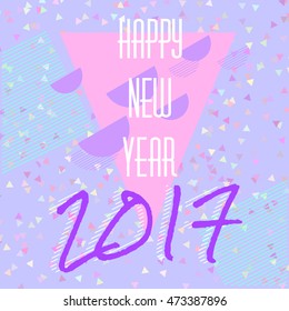Happy New Year 2017. Universal cards. Design for poster, invitation, brochure, flyer. Geometric retro 80`s memphis and webpunk style, abstract colorful shapes  Vector EPS 8