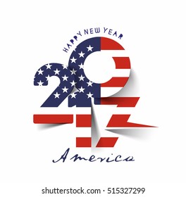 Happy new year 2017 with U.S.A Flag Pattern Text Vector Design Background