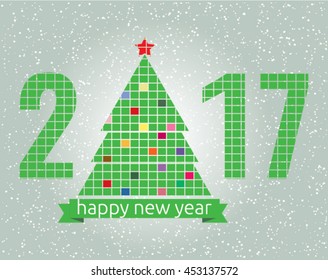 Happy New Year 2017 vector illustration with Christmas tree and numbers made out of tiles, snow effect background EPS10