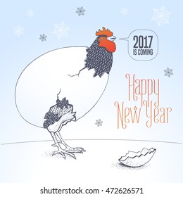 Happy New Year 2017 vector cute nonstandard greeting card, illustration with rooster, cock. Graphic design element with Chinese year bird and Happy new year lettering