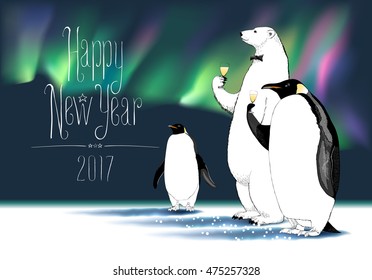 Happy New Year 2017 vector greeting card. Penguin, polar bear cute characters drinking glass of champagne, Northern lights on background, at a New Year party funny illustration