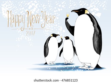 Happy New Year 2017 vector cute greeting card. Design element, seasonal illustration with penguins drinking champagne at a New Year eve. Hand drawn lettering