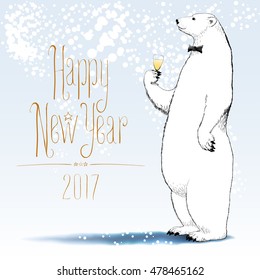 Happy new year 2017 vector greeting card. Polar bear with bowtie character drinking glass of champagne funny nonstandard illustration. Design element with Happy New Year text hand drawn lettering