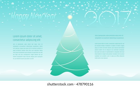 Happy New Year 2017 vector greeting card. Christmas fir tree on a blue sky background. Vector illustration has enough copy space for your text.