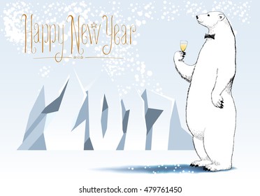 Happy new year 2017 vector seasonal greeting card. Polar bear drinking champagne funny cute illustration. Design element with Happy New Year hand drawn lettering and number 2017