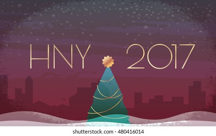 Happy New Year 2017 vector greeting card. Christmas fir tree on a night city landscape background. Vector illustration has enough copy space for your text.