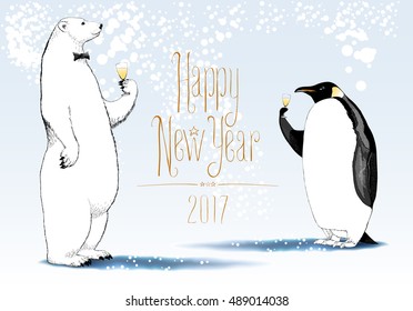 Happy New Year 2017 vector seasonal greeting card. Penguin, polar bear cute characters drinking glass of champagne funny nonstandard illustration. Design element with Happy New Year hand drawn