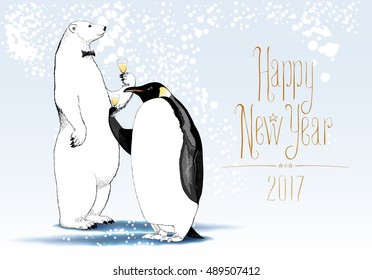 Happy New Year 2017 vector seasonal greeting card. Penguin, polar bear cute characters drinking glass of wine funny illustration. Design element with Happy New Year hand drawn text