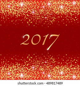 Happy New Year 2017. Vector holiday template with sparkles on red background. Gold glitter frame for greeting cards, vip, exclusive, gift, luxury, voucher, shopping.