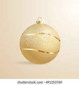 Happy New Year 2017 / Vector illustration of Christmas decorations, Christmas tree toy, strip and foil in gold, beige background