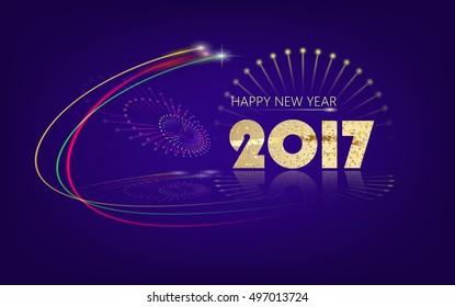 Happy New Year 2017 / Vector New Year background, Abstract New Year's fireworks, greeting inscription in gold, blue background, wide-format.