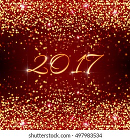 Happy New Year 2017. Vector holiday template with sparkles on red background. Gold glitter frame for greeting cards, exclusive, gift, luxury, voucher, shopping.