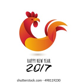Happy New Year 2017. Vector greeting card with red rooster modern symbol of 2017 and calligraphy. Chinese calendar decoration. Red cock isolated illustration, new year design element.
