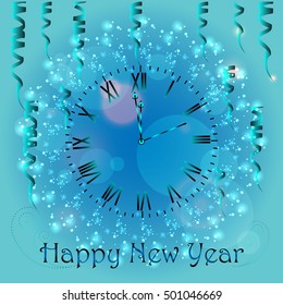 Happy New Year 2017. Vector background.Typographic Wishes and Winter Holiday Elements on blue background. Greeting illustration for Xmas. Template for invitation, flyer, banner, poster, rooster year.