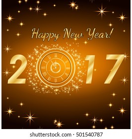 Happy New Year 2017. Vector background.Typographic Wishes and Winter Holiday Elements on gold background. Greeting illustration for Xmas. Template for invitation, flyer, banner, poster, rooster year.