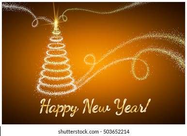 Happy New Year 2017. Vector background.Typographic Wishes and Winter Holiday Elements on gold background. Greeting illustration for Xmas. Template for invitation, flyer, banner, poster, rooster year.