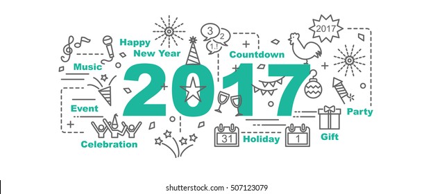 happy new year 2017 vector banner design concept, flat style with thin line art new year icons on white background
