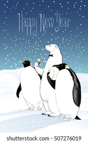 Happy New Year 2017 vector greeting card. Group of penguin, polar bear characters drinking champagne funny illustration. Design element with Happy New Year hand drawn sign