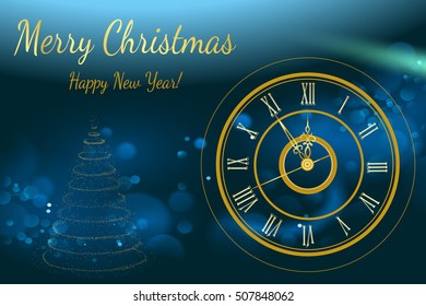 Happy New Year 2017. Vector background.Typographic Wishes and Winter Holiday Elements on gold background. Greeting illustration for Xmas. Template for invitation, flyer, banner, poster, rooster year.