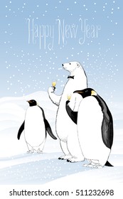 Happy new year 2017 vector greeting card. Polar bear and penguins drinking champagne funny nonstandard illustration. Design element with Happy New Year hand drawn text