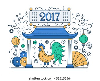 Happy New Year 2017 - vector modern line design illustration with a year symbol - rooster