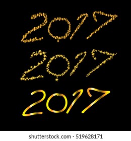Happy New Year 2017. Vector background. Golden element on black background. Greeting illustration for Xmas. Template for invitation, flyer, banner, poster, wall paper