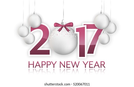 Happy New Year 2017 vector banner with hanging bauble and bow.