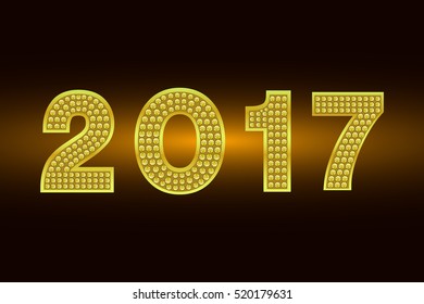Happy New Year 2017. Vector background. Gold figures with rhinestone. Greeting illustration for Xmas. Template for invitation, flyer, banner, poster, rooster year.