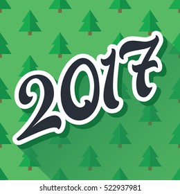 Happy New Year 2017. Vector lettering illustration design on background of pattern with christmas trees.