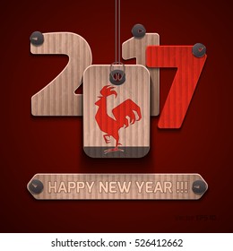 Happy new year 2017. Vector illustration of cardboard figures and inscriptions. Background red.