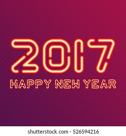 Happy New Year 2017 vector illustration. Vector neon figures with lights. Greeting card background.