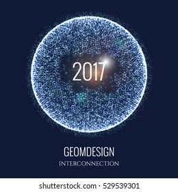 Happy New  Year 2017. Vector holiday illustration of connected particles. Abstract shiny background. Technological or cyber style.