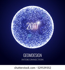 Happy New  Year 2017. Vector holiday illustration of connected particles. Abstract shiny background. Technological or cyber style.