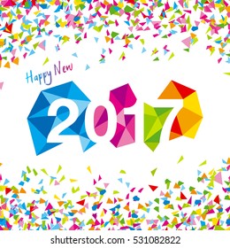 Happy New Year 2017 vector.
Vector illustration of 2017 made of colorful polygonal shapes with confetti.