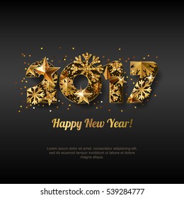 Happy New Year 2017 vector greeting card with golden numbers. Holiday black glowing background. Stars and snowflakes with gold shining pattern. Concept for New Year banner, poster, flyer, invitation.