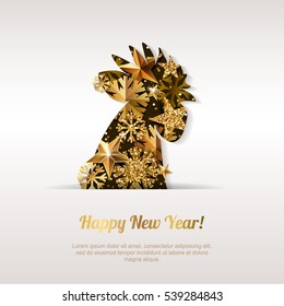 Happy New Year 2017 vector greeting card with golden rooster. Chinese calendar decoration. Gold cock illustration symbol of 2017. Concept for holiday banner, poster, flyer backgrounds, invitation.