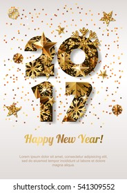 Happy New Year 2017 vector greeting card with golden numbers. Abstract holiday glowing background. Stars and snowflakes with gold shining pattern. Concept for New Year banner, poster, flyer.