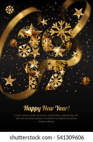 Happy New Year 2017 vector greeting card with golden numbers. Holiday black background with gold blurred ribbon, stars, snowflakes. Concept for New Year banner, poster, flyer, party invitation..