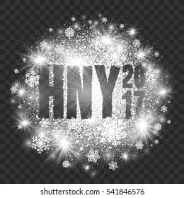 Happy New Year 2017 Vector Illustration on Transparent Background. Abstract bright white shimmer glowing scatter round particles, lights and snowflakes