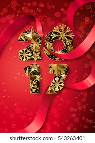 Happy New Year 2017 vector greeting card with golden numbers. Holiday red background with ribbon, stars and snowflakes. Concept for New Year banner, poster, flyer, party invitation..