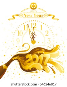 Happy New Year 2017 vector banner, midnight clock dial, sparkling champagne wine bottle. Alcohol drink concept illustration. Isolated white background. Swirl pattern design. Elegant text lettering
