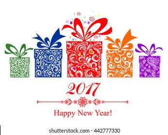Happy new year 2017! Vintage card. Celebration background with Christmas gift box and place for your text. Vector Illustration