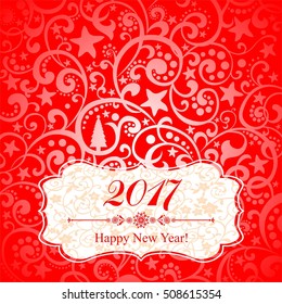 Happy new year 2017! Vintage card. Celebration red background with Christmas tree, star and place for your text. Vector Illustration