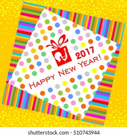 Happy new year 2017! Vintage card. Celebration background with Christmas gift box, red  Rooster and place for your text. Vector Illustration