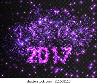 Happy New Year 2017 violet firework background. Greeting card with particle. Vector illustration eps10