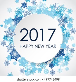 Happy New Year 2017. White 3d circle with blue snowflakes. Abstract winter background for card, placard, flyer, poster, banner, web.