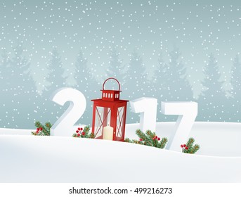 Happy new year 2017. White winter landscape with forest, numbers, falling snow. Christmas decoration with fir branches, red lantern and berries. Vector illustration background..