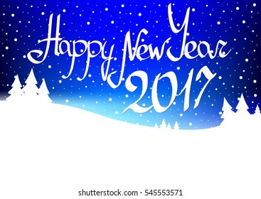 Happy New Year 2017, white winter landscape, winter night, poster design template, size A4 horizontal, vector illustration