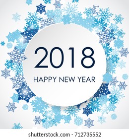 Happy New Year 2017. White 3d circle with blue snowflakes. Abstract winter background for card, placard, flyer, poster, banner, web.
