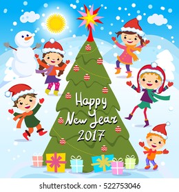 Happy New Year. 2017. Winter fun. Cheerful kids playing in the snow. Stock vector illustration of a group of happy children in red Santa hat